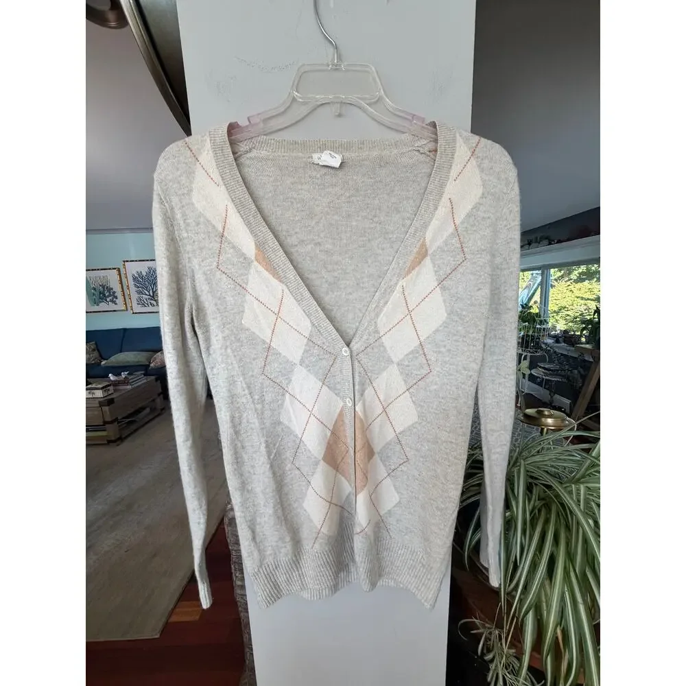J.Crew 100% Cashmere Argyle Cardigan Sweater Women’s Medium Gray Italian Yarn